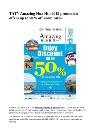 TAT's Amazing Hua Hin 2019 promotion offers up to 50% off room rates