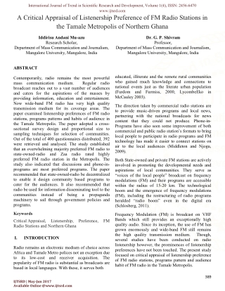 A Critical Appraisal of Listenership Preference of FM Radio Stations in the Tamale Metropolis of Northern Ghana