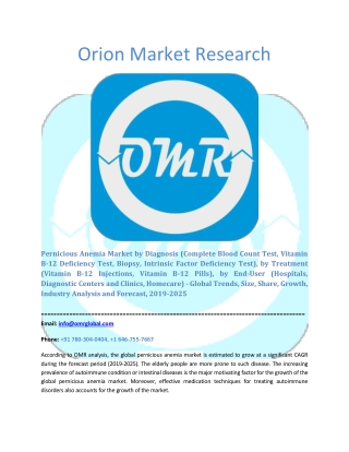 Pernicious Anemia Market: Industry Growth, Size, Share and Forecast 2019-2025