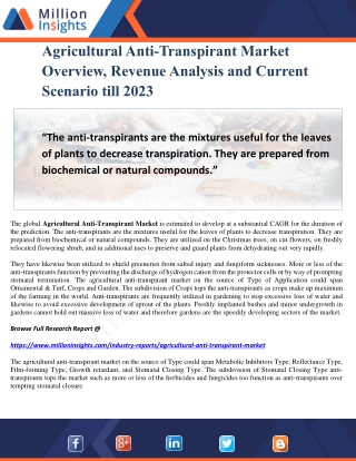 Agricultural Anti-Transpirant Market Overview, Revenue Analysis and Current Scenario till 2023