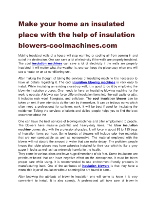 Make your home an insulated place with the help of insulation blowers-coolmachines.com