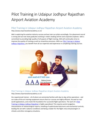 Pilot Training in Udaipur Jodhpur Rajasthan Airport Aviation Academy
