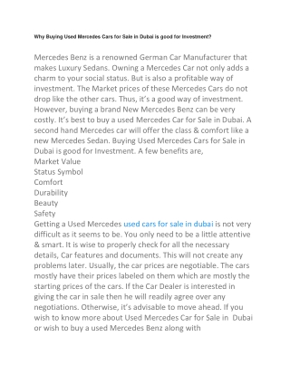 Why Buying Used Mercedes Cars for Sale in Dubai is good for Investment?