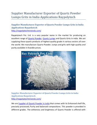 Supplier Manufacturer Exporter of Quartz Powder Lumps Grits in India Applications Raypolytech