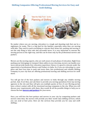 Shifting Companies Offering Professional Moving Services for Easy and Swift Shifting