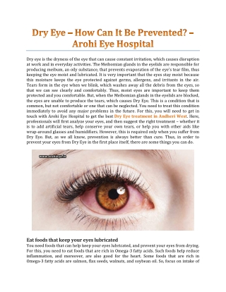 Dry Eye – How Can It Be Prevented? - Arohi Eye Hospital