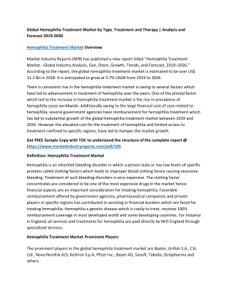 Global Hemophilia Treatment Market| Top Companies, Revenue, and Detail Analysis Forecast 2019-2030