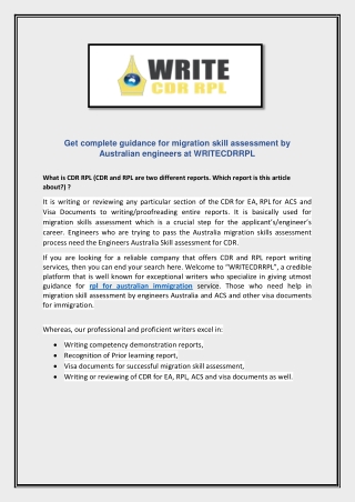 Get complete guidance for migration skill assessment by Australian engineers at WRITECDRRPL