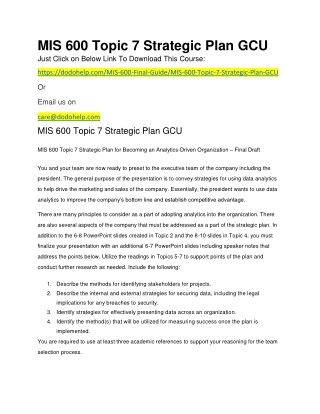 MIS 600 Topic 7 Strategic Plan GCU