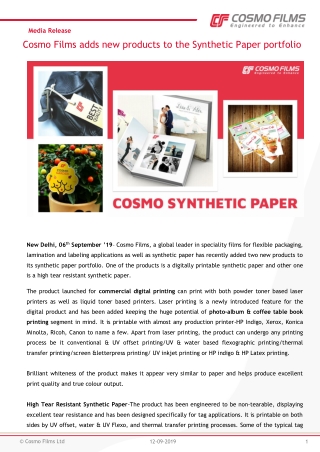 Cosmo Films adds new products to the Synthetic Paper portfolio