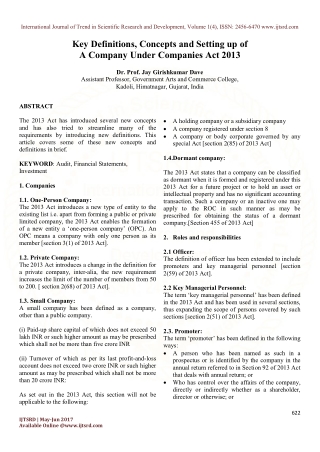 Key Definitions, Concepts And Setting Up of A Company Under Companies Act 2013