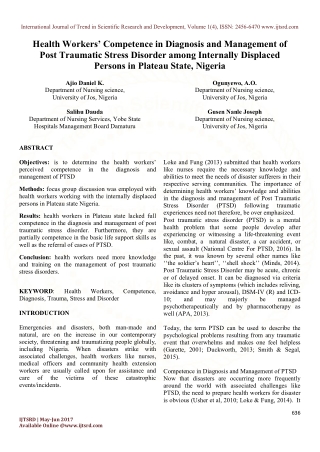 Health Workers' Competence in Diagnosis and Management of Post Traumatic Stress Disorder among Internally Displaced Pers