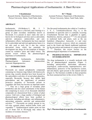 Pharmacological Applications of Isorhamnetin A Short Review