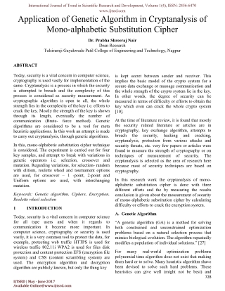 Application of Genetic Algorithm in Cryptanalysis of Mono alphabetic Substitution Cipher