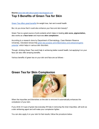 5 imporatnt Benefits of Green Tea for Skin