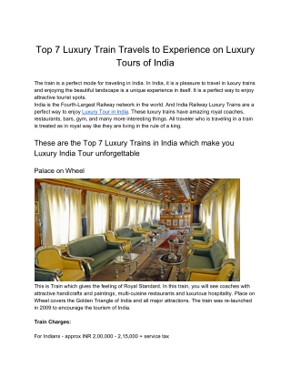 Top 7 Luxury Train Travels to Experience on Luxury Tours of India