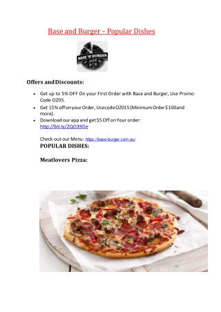 Base and Burger Menu – 5% off – Pizza restaurant Forestville