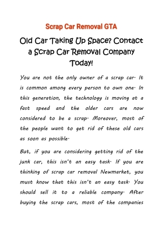 Old Car Taking Up Space? Contact a Scrap Car Removal Company Today!