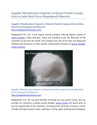 Supplier Manufacturer Exporter of Quartz Powder Lumps Grits in India Best Prices Raypolytech Minerals