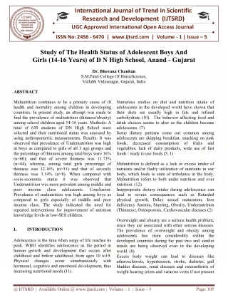 Study of The Health Status of Adolescent Boys and Girls 14 16 Years of D N High School, Anand Gujarat