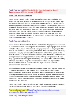 Plastic Trays Market Global Trends, Market Share, Industry Size, Growth, Opportunities, and Market Forecast 2019 to 2026