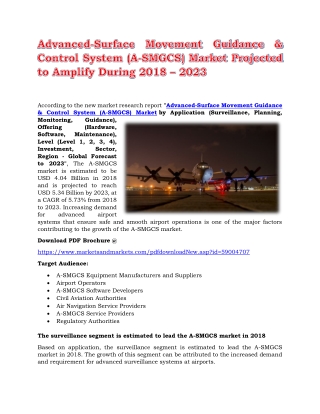 Advanced-Surface Movement Guidance & Control System (A-SMGCS) Market Projected to Amplify During 2018 – 2023