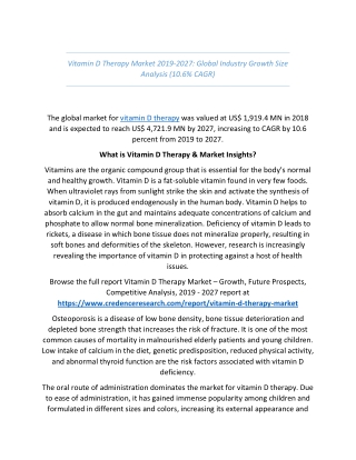 Vitamin D Therapy Market: Size Analysis 2019-2027: Global Business Growth (10.6% CAGR)