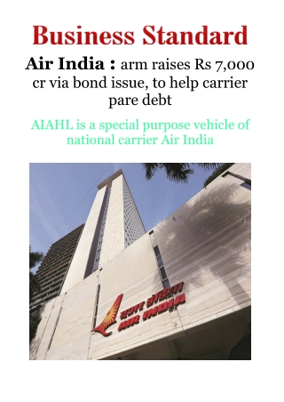 Air India - Arm Raises Rs 7,000 Cr via Bond Issue, To Help Carrier Pare Debt