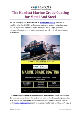 The hardest Marine grade coatings For Metal And Steel