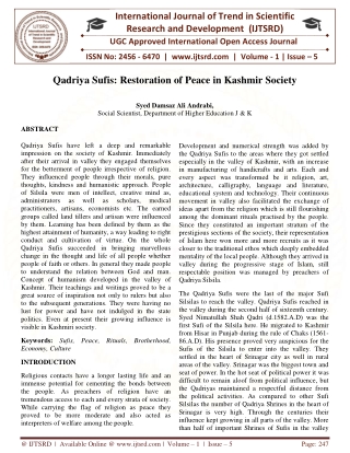 Qadriya Sufis Restoration of Peace in Kashmir Society