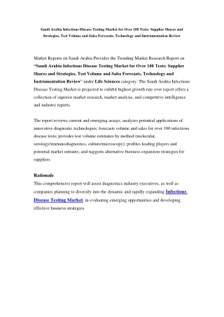 Saudi Arabia Infectious Disease Testing Market Opportunity and Forecast Till 2024