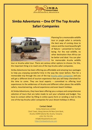 Simba Adventures – One Of The Top Arusha Safari Companies