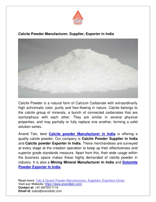 Calcite Powder Manufacturer, Supplier, Exporter in India