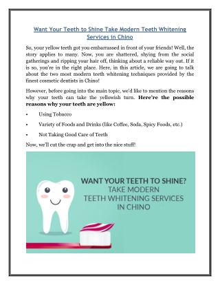 Want Your Teeth to Shine? Take Modern Teeth Whitening Services in Chino