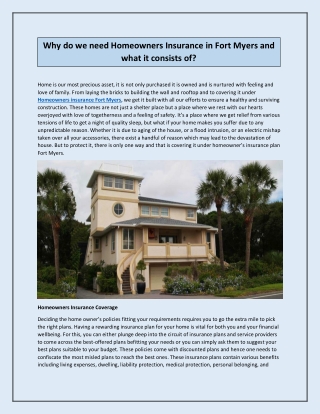 Why do we need Homeowners Insurance in Fort Myers and what it consists of?