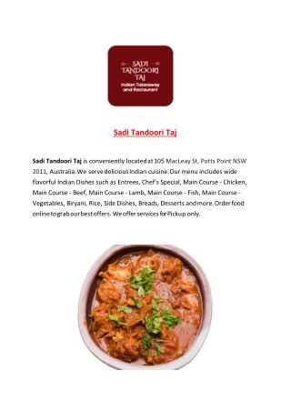 15% Off - Sadi Tandoori Taj-Potts Point - Order Food Online