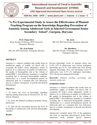 "A Pre Experimental Study to Assess the Effectiveness of Planned Teaching Program on the Knowledge Regarding Prevention