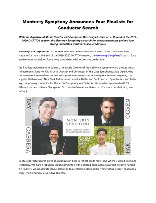 Monterey Symphony Announces Four Finalists for Conductor Search