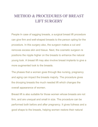 METHOD & PROCEDURES OF BREAST LIFT SURGERY