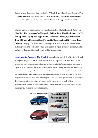 Saudi Arabia Passenger Car Market: Growth, Opportunity and Forecast Till 2024