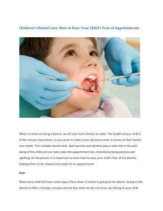 Children’s Dental Care: How to Ease Your Child’s Fear of Appointments