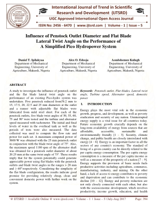Influence of Penstock Outlet Diameter and Flat Blade Lateral Twist Angle on the Performance of A Simplified Pico Hydropo