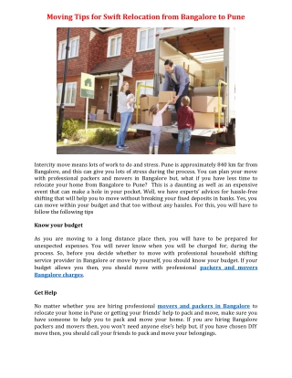 Moving Tips for Swift Relocation from Bangalore to Pune