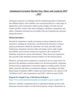 Aluminum Extrusion Market Size, Share and Analysis 2019 - 2027