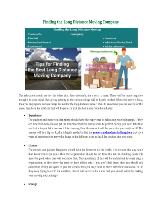 Finding the Long Distance Moving Company