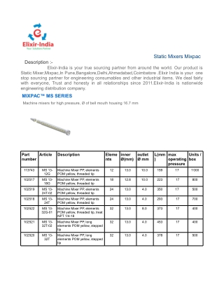 Elixir-India|Static Mixer|Mixpac|Manufacturer|Manufacturing|India