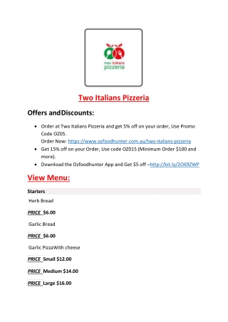 15% Off - Two Italians Pizzeria-Sylvania - Order Food Online