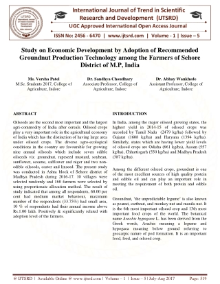Study on Economic Development by Adoption of Recommended Groundnut Production Technology among the Farmers of Sehore Dis