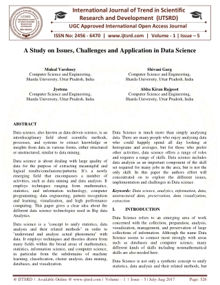 A Study on Issues, Challenges and Application in Data Science