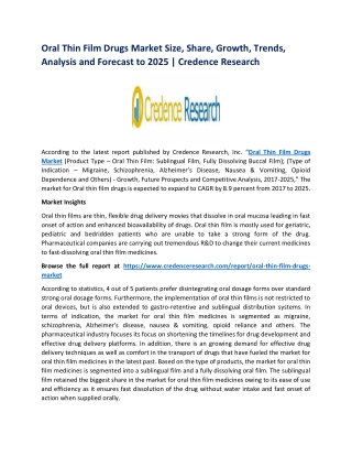 Oral Thin Film Drugs Market Size, Share, Growth, Trends, Analysis and Forecast to 2025